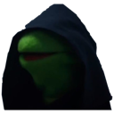 Kermit the Frog wearing a dark hooded cloak, looking like a Sith Lord.