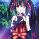 Kurumi Tokisaki with heterochromia eyes holds a finger to her lips in a shushing gesture.