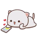 Peach Cat lying down and looking at a smartphone with a happy expression.