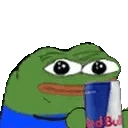 Pepe the Frog characters clinking Red Bull cans together in a celebratory toast.