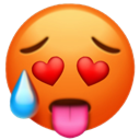 A round orange emoji with heart-shaped eyes, a tongue sticking out, and a single blue sweat drop on the side.