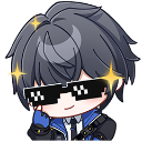 Anime boy wearing pixelated sunglasses with golden sparkles around his head.
