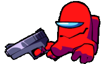 Red Among Us crewmate holding a handgun with a smug expression.