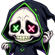 A cute chibi skeleton wearing a black hood with glowing green and pink X-shaped eyes.