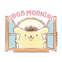Pompompurin the yellow dog wearing a brown beret peeking through an open window with a happy expression.