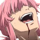 Yuno Gasai laughing hysterically with blood dripping from her mouth.