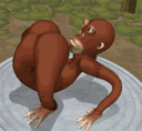 A brown monkey in a contorted pose sniffing its own rear end with a purple puff effect.