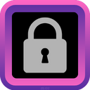 A gray padlock icon centered inside a black square with a glowing purple and pink rounded border.