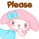 My Melody the rabbit looking up with wide eyes and hands together in a pleading gesture with the word Please above her head.