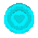 A blue pixelated coin with a heart symbol spinning in a loop.