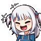 Gawr Gura with white hair and a blue hoodie laughing with a wide, shark-toothed grin.