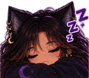 A sleepy anime cat girl with dark hair and cat ears resting with closed eyes and floating Zs.