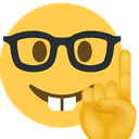 Nerd face emoji wearing black glasses and buck teeth, holding up an index finger as if to make a correction.