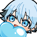 Anime boy with light blue hair holding a large glossy blue heart to his face with a happy expression.