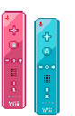 Four pixelated Wii remotes in alternating pink and blue colors arranged in a row.