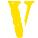 A bright yellow letter V in the stylized Vlone font on a black background.