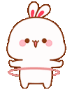 A cute white bunny spinning a pink hula hoop around its waist.