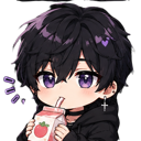 Anime boy with purple eyes and black hair drinking from a strawberry milk carton.