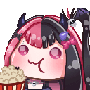 Chibi anime girl with pink and black hair eating popcorn with a smug expression.