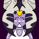 A purple-skinned creature with a yellow heart on its forehead looking down with a weary, exhausted expression.
