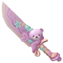 A pastel pink knife decorated with a small teddy bear, hearts, and stars.