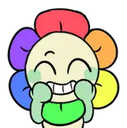 A cute flower character with rainbow petals smiling broadly with hands pressed against its cheeks.