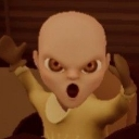 A creepy 3D baby with a bald head and wide, angry eyes screaming with its mouth open.