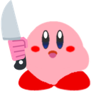Kirby holding a kitchen knife with a blank, innocent expression.