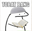 Flork character wearing a grey peci cap and reading a book with the text Tobat Bang above it.