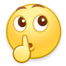 Yellow smiley face holding a finger to its lips with eyes looking upward in a shushing gesture.