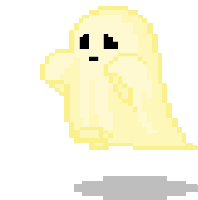 A small, pale yellow pixel art ghost looking down with a shy, nervous expression while hovering above a gray shadow.
