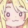 Anime girl with blonde hair has a blank, wide-eyed expression with a simple mouth.