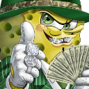 SpongeBob wearing a fedora and jewelry gives a thumbs up while holding a fan of cash.