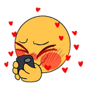 Yellow smiley face blushing intensely while holding a smartphone with floating red hearts around it.