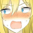 Anime girl with blonde hair and blue eyes showing a bright pink blush and a wide-mouthed expression of shock.