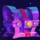 A purple mythical treasure chest with a red ribbon and a glowing gold center button.