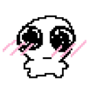 A small white doodle creature with large black eyes and pink blush lines on its cheeks.