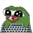 A green frog with large, glossy eyes and tongue out typing rapidly on a keyboard.