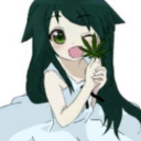 Anime girl with long dark hair holding a cannabis leaf with a playful expression.