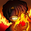 Character with a blindfold and a wide, toothy grin holding a glowing ball of fire.