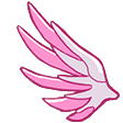 A stylized pink and white wing pointing upwards.