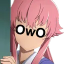 Yuno Gasai with a text-based OwO face replacing her facial features.