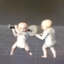 Two 3D-rendered babies fighting with a barbell in a gray, grid-patterned environment.