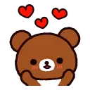 Rilakkuma bear with a happy expression surrounded by floating red hearts.