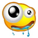 A yellow smiley face with one giant eye and one small eye, drooling from a wide, distorted mouth.