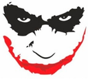 Joker face with black eye makeup and a wide, sinister red painted smile.