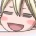 Mavis Vermillion with a wide, blissful smile and blushing cheeks.