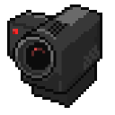 A small black pixel art camera with a glowing red lens and a red recording light.