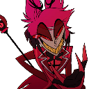 Alastor from Hazbin Hotel wearing a wide, sinister grin with red and black tones.