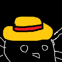 A crudely drawn yellow straw hat with a red ribbon on a black background.